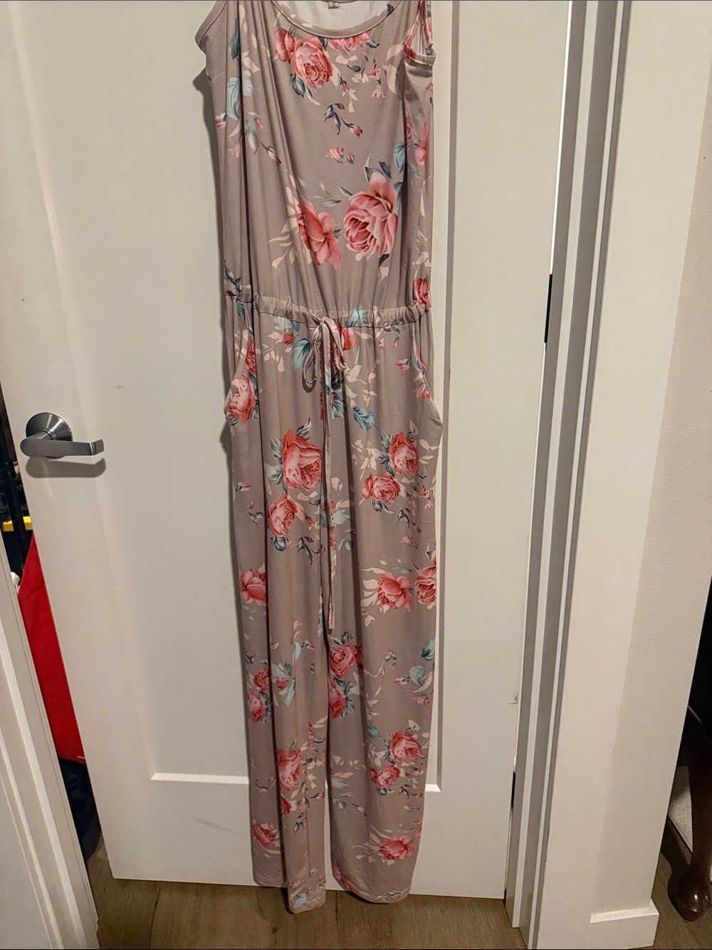 Sleeveless Floral Jumpsuit in Taupe and Pink